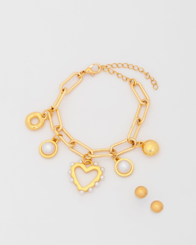 Pulsera Multicharms Corazón Perla + Aretes - 2