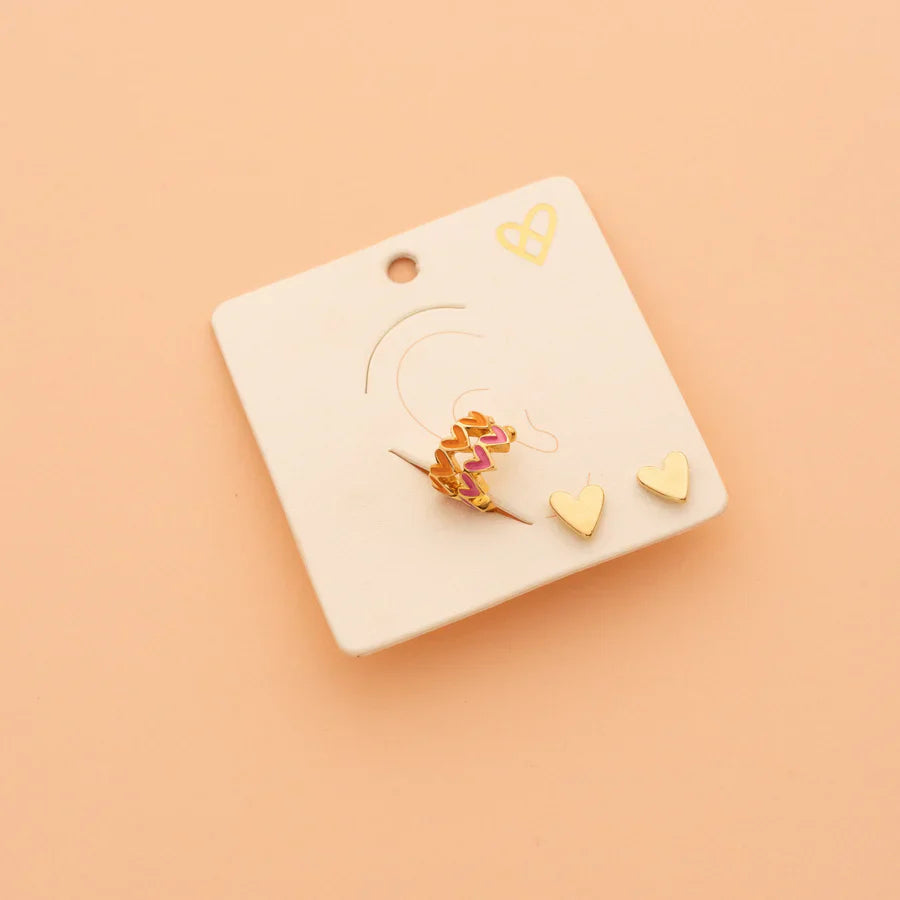 Set De Aretes + Earcuff Corazones Rosa y Naranja - 2