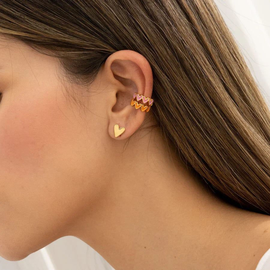 Set De Aretes + Earcuff Corazones Rosa y Naranja - 3