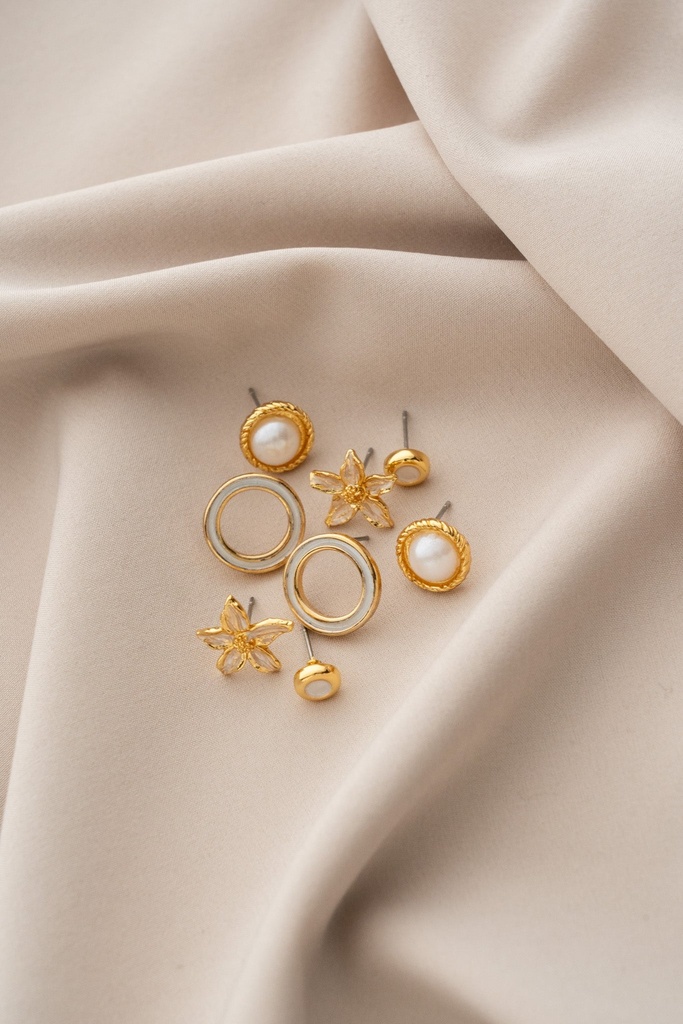 Set X4 Aretes Flor Y Perlas - 2