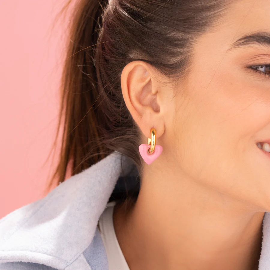 Aretes 2 en 1 Corazon Rosado