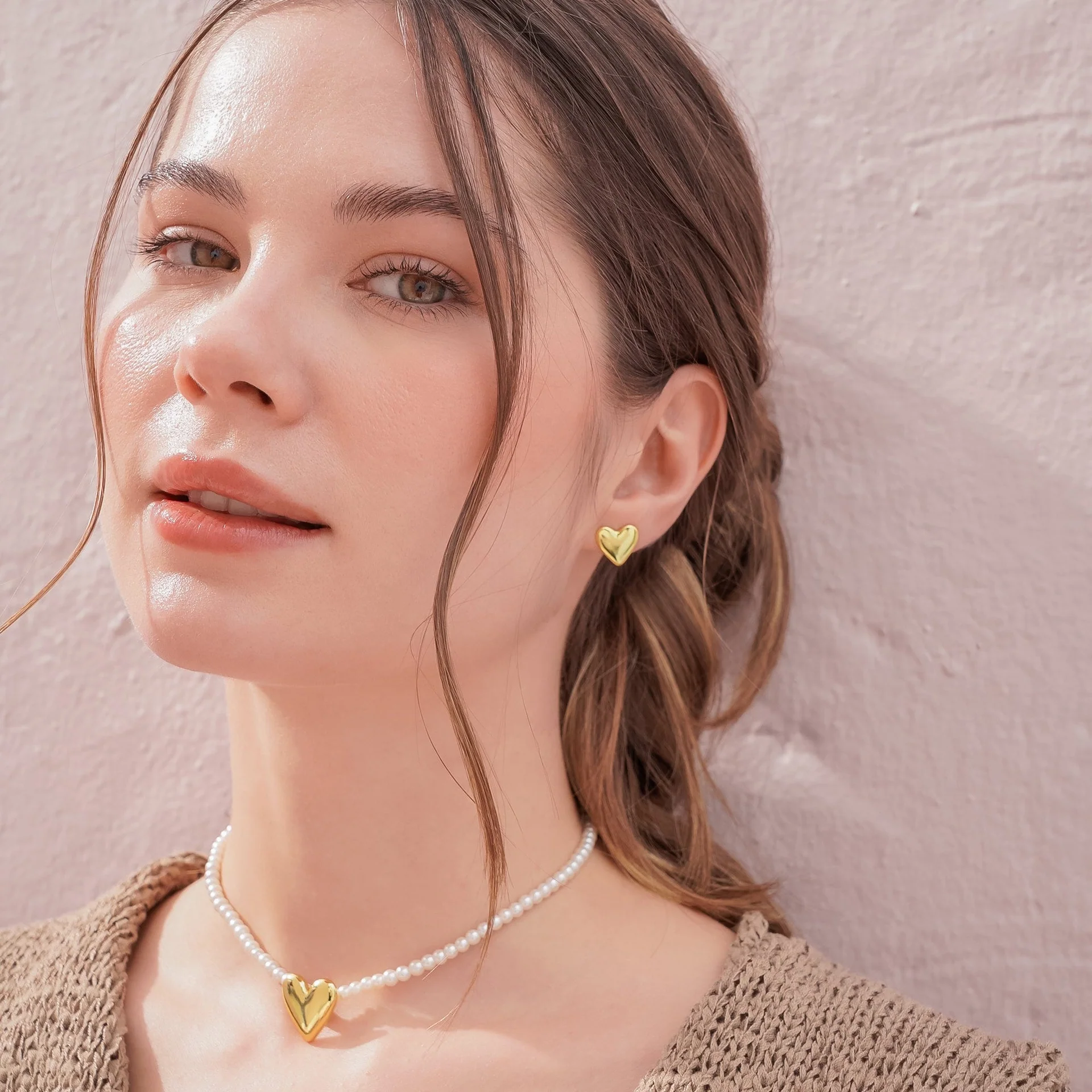 Collar + Aretes Corazón Perla