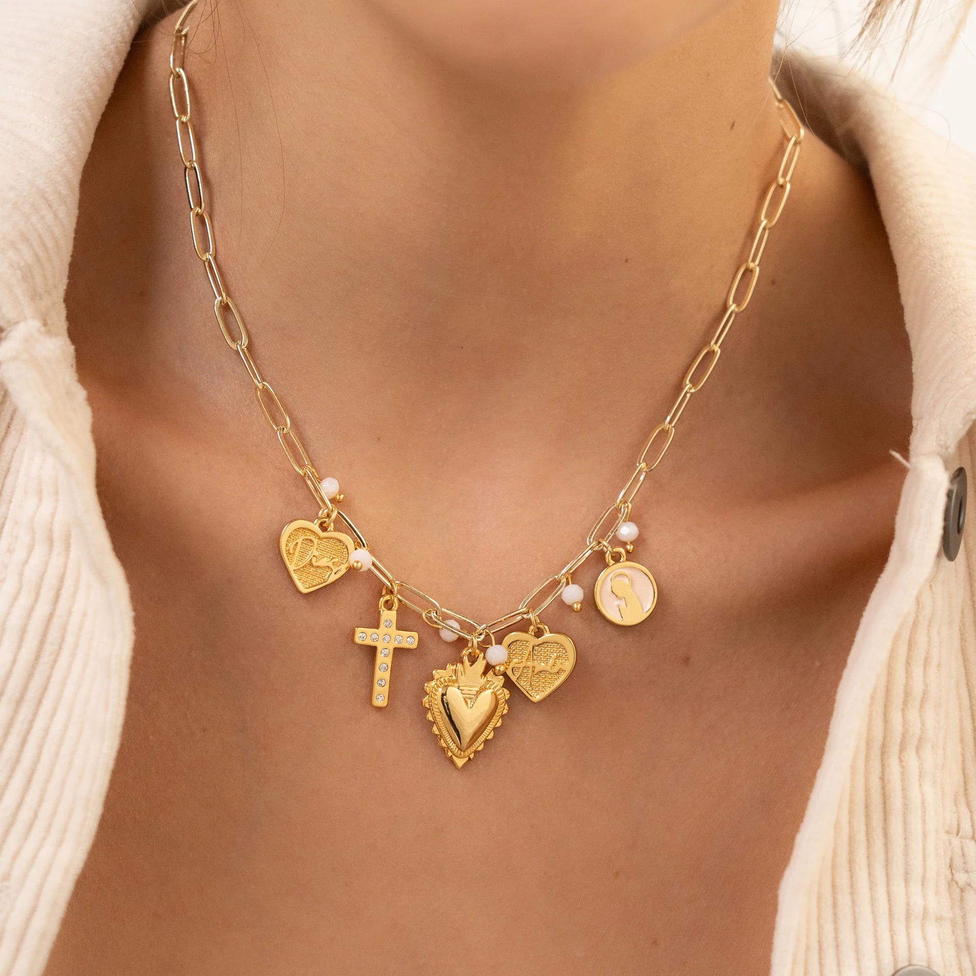 [32821] Collar Dijes Varios Religiosos + Aretes