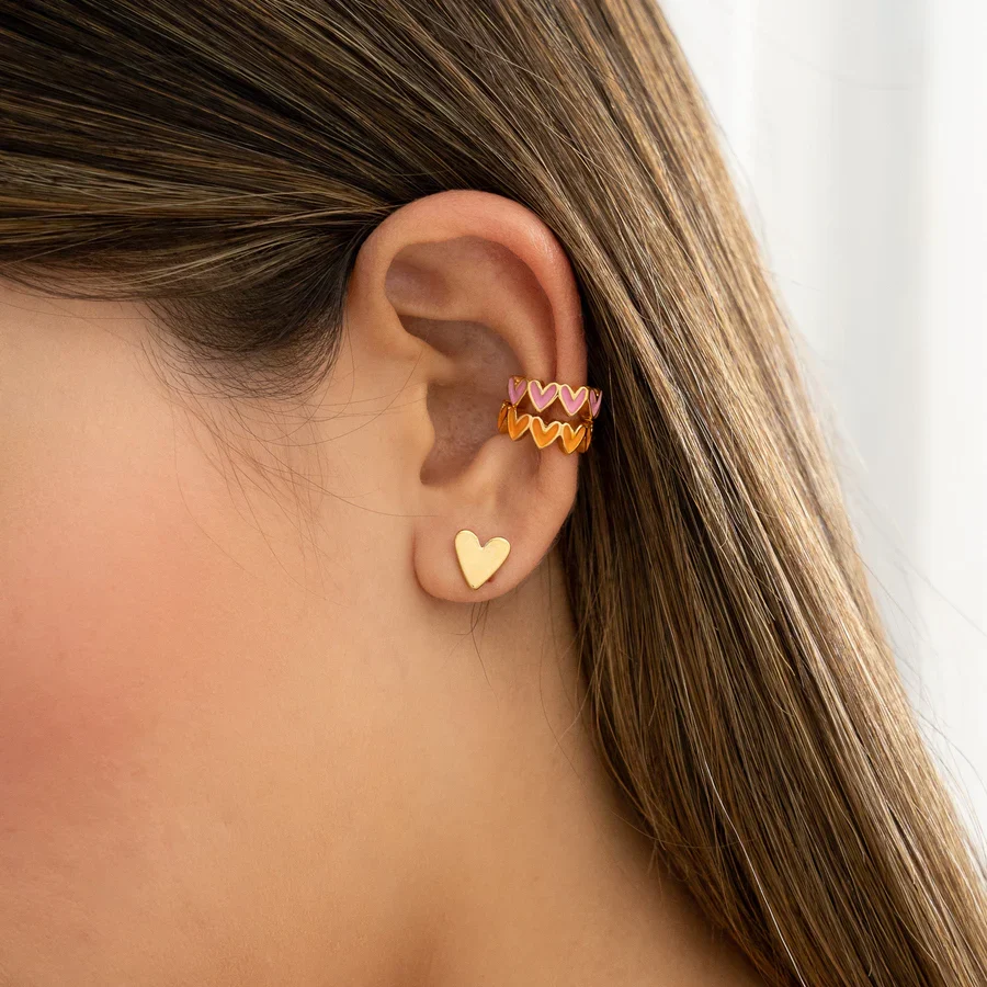 Set De Aretes + Earcuff Corazones Rosa y Naranja