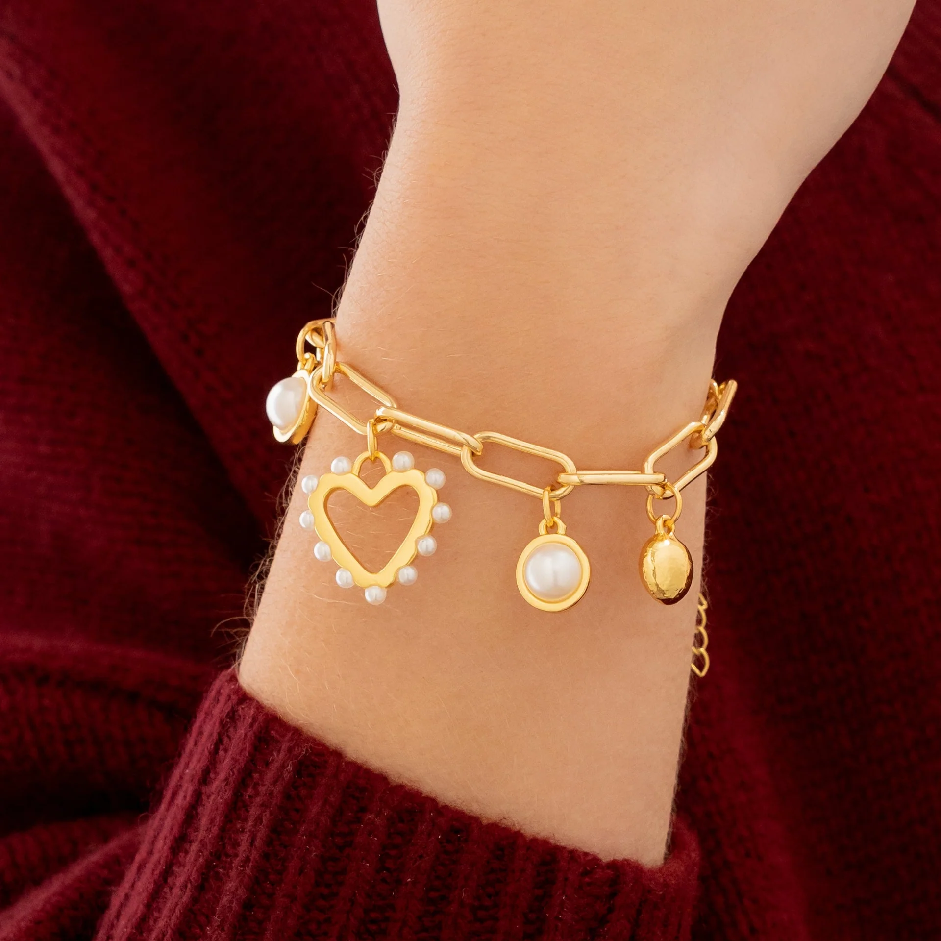 Pulsera Multicharms Corazón Perla + Aretes